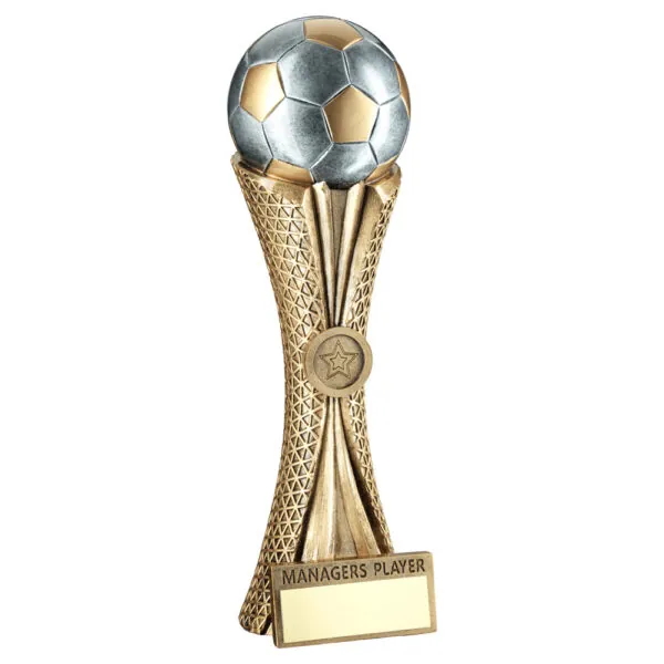 BZ/PW/G FOOTBALL ON TRI-MESH COLUMN WITH PLATE (1in CEN) MANAGERS PLAYER - 12in