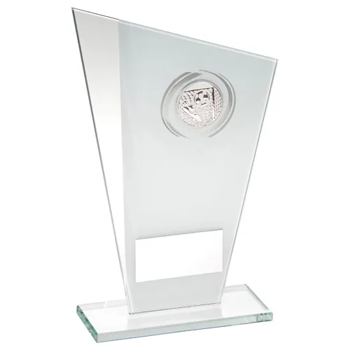 WHITE/SILVER PRINTED GLASS PLAQUE WITH FOOTBALL INSERT AND PLATE - 6.5in