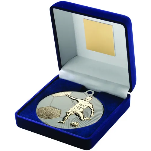 BLUE VELVET BOX AND 70mm FOOTBALL MEDAL TROPHY MATT SILVER/GOLD - 4in