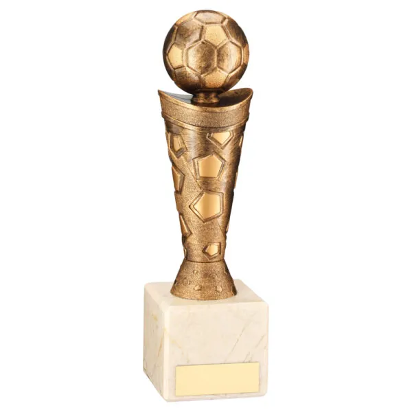 BRONZE/GOLD PLASTIC FOOTBALL FIGURE ON CREAM MARBLE TROPHY - 8in