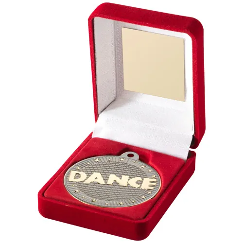 RED VELVET BOX AND 50mm DANCE MEDAL TROPHY MATT SILVER/GOLD - 3.5in