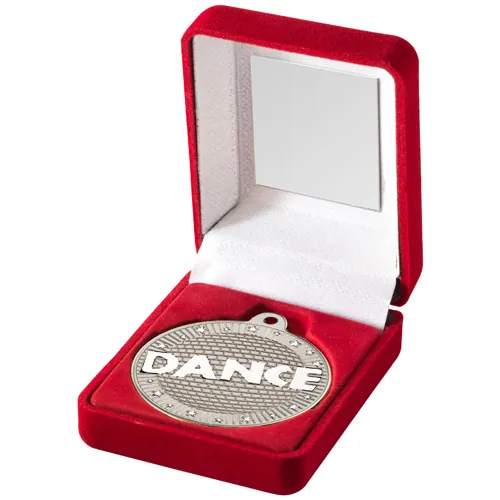 RED VELVET BOX AND 50mm DANCE MEDAL TROPHY MATT SILVER/SILVER - 3.5in