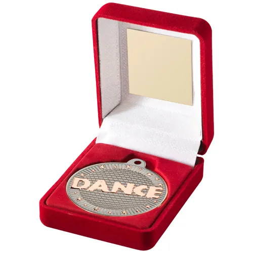 RED VELVET BOX AND 50mm DANCE MEDAL TROPHY MATT SILVER/BRONZE - 3.5in