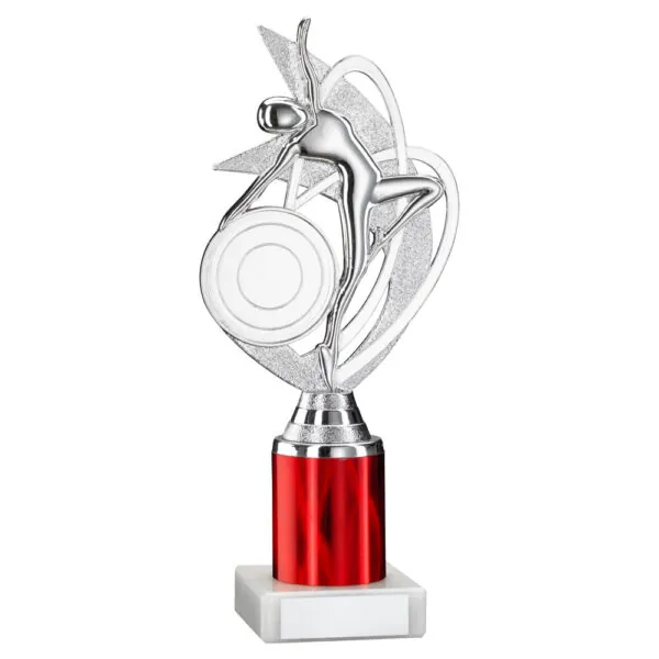 SILVER/RED 'DANCE/GYM' FIGURE ASSEMBLED ON MARBLE (2" CEN/2" TUBE) - 9in