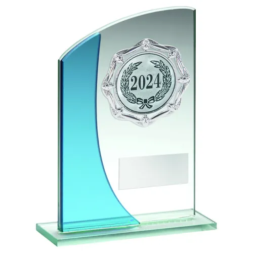 JADE/BLUE GLASS PLAQUE WITH SILVER TRIM TROPHY (2in CENTRE) - 6in