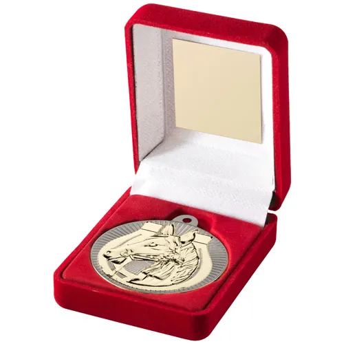 RED VELVET BOX AND 50mm HORSE MEDAL TROPHY MATT SILVER/GOLD - 3.5in