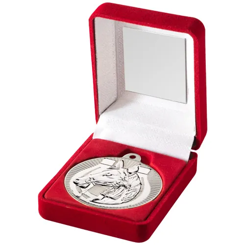 RED VELVET BOX AND 50mm HORSE MEDAL TROPHY MATT SILVER/SILVER - 3.5in