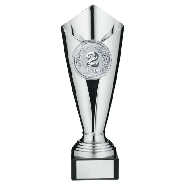 PLASTIC TULIP TROPHY CUP WITH PLATE (2in CENTRE) SILVER - 9.25in