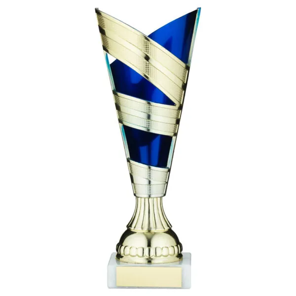 GOLD/BLUE PLASTIC V STEM TROPHY CUP WITH PLATE - 9in