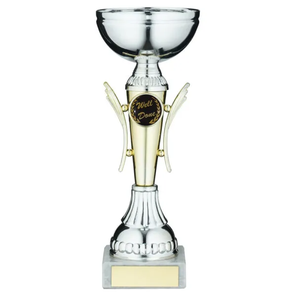 SILVER/GOLD WINGED TROPHY CUP WITH PLATE (1in CENTRE) - 8.75in