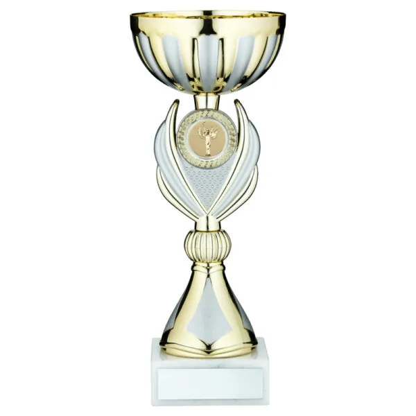 GOLD/MATT SILVER TROPHY CUP WITH PLATE (1in CENTRE) - 9.75in