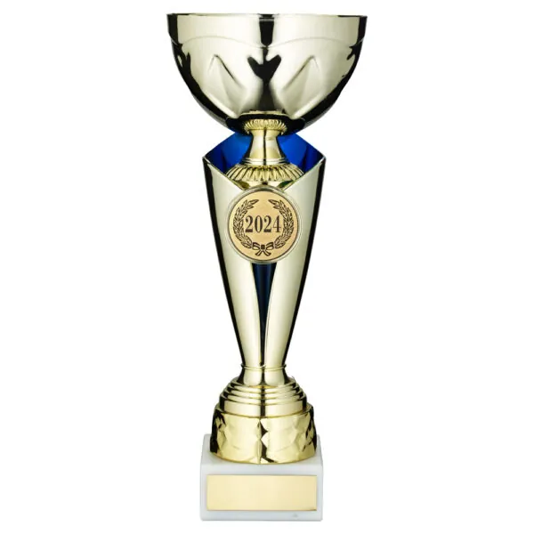 GOLD/BLUE TROPHY CUP WITH PLATE (2in CENTRE) - 13.75in