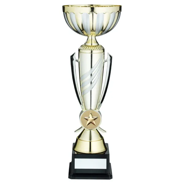 GOLD/MATT SILVER 3 STRIPE TROPHY CUP WITH PLATE (2in CENTRE) - 14.25in