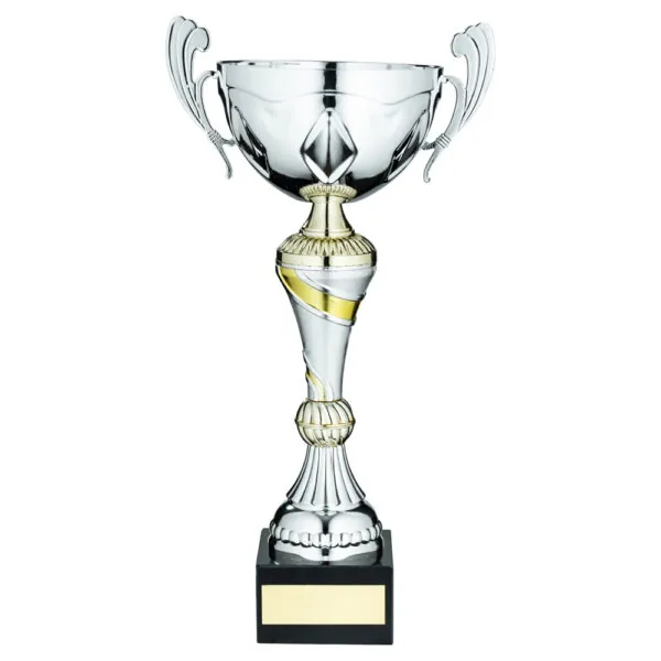 SILVER/GOLD TROPHY CUP WITH HANDLES AND PLATE - 14.75in