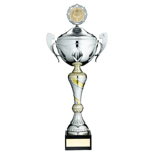 SILVER/GOLD TROPHY CUP WITH HANDLES, LID AND PLATE (2in CENTRE) - 16in