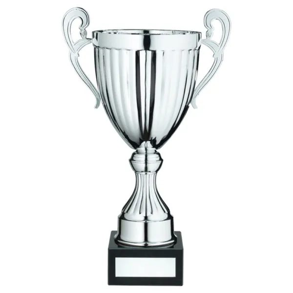 SILVER CONICAL TROPHY CUP WITH HANDLES AND PLATE - 12.25in