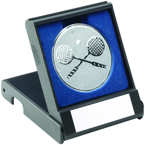 BLACK PLASTIC BOX WITH SQUASH INSERT TROPHY SILVER - 3.5in