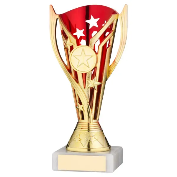 GOLD/RED PLASTIC 'FLASH' CUP ASSEMBLED ON MARBLE (1in CEN) - 7in