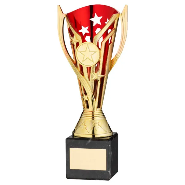 GOLD/RED PLASTIC 'FLASH' CUP ON BLACK MARBLE ASSEMBLED TROPHY (1" CEN) - 10in