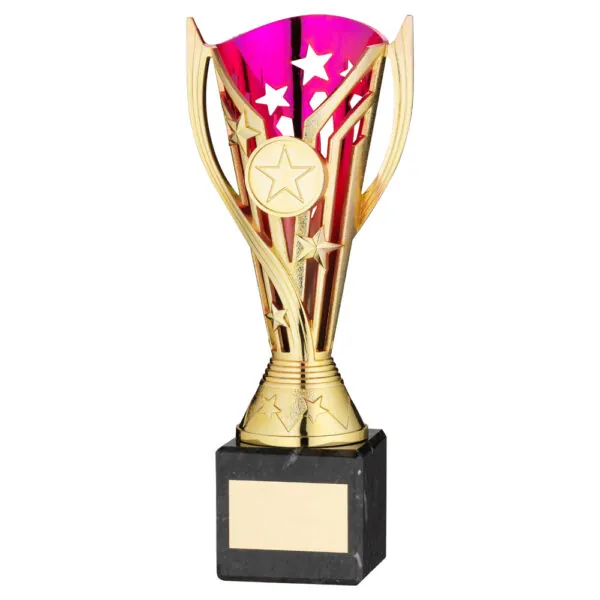 GOLD/PURPLE PLASTIC 'FLASH' CUP ON BLK MARBLE ASSEMBLED TROPHY (1" CEN) - 9in