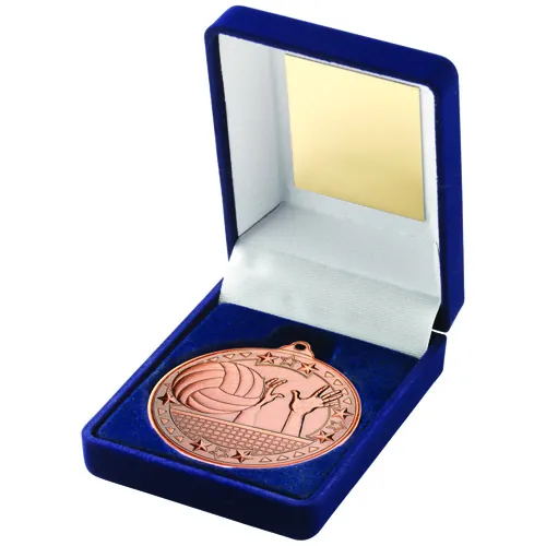 BLUE VELVET BOX AND 50mm MEDAL VOLLEYBALL TROPHY BRONZE - 3.5in