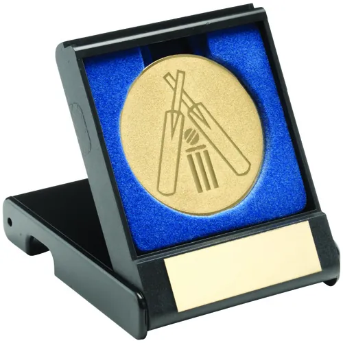 BLACK PLASTIC BOX WITH CRICKET INSERT TROPHY GOLD - 3.5in