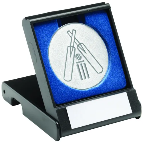 BLACK PLASTIC BOX WITH CRICKET INSERT TROPHY SILVER - 3.5in