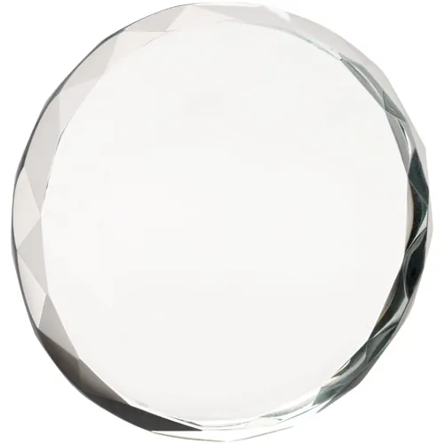 CLEAR GLASS ROUND PAPERWEIGHT WITH FACETED EDGE (19mm THICK) - 4in