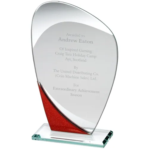 JADE GLASS CURVED PLAQUE WITH RED/SILVER DETAIL (4mm THICK) - 7.25in